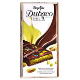 Beyoglu presents the Dubaco Premium Dubai Chocolate Bar, a 200g milk chocolate delight featuring kadayif and rich pistachio cream. Elegantly wrapped in white and brown packaging, it features a tempting illustration of these exquisite ingredients.